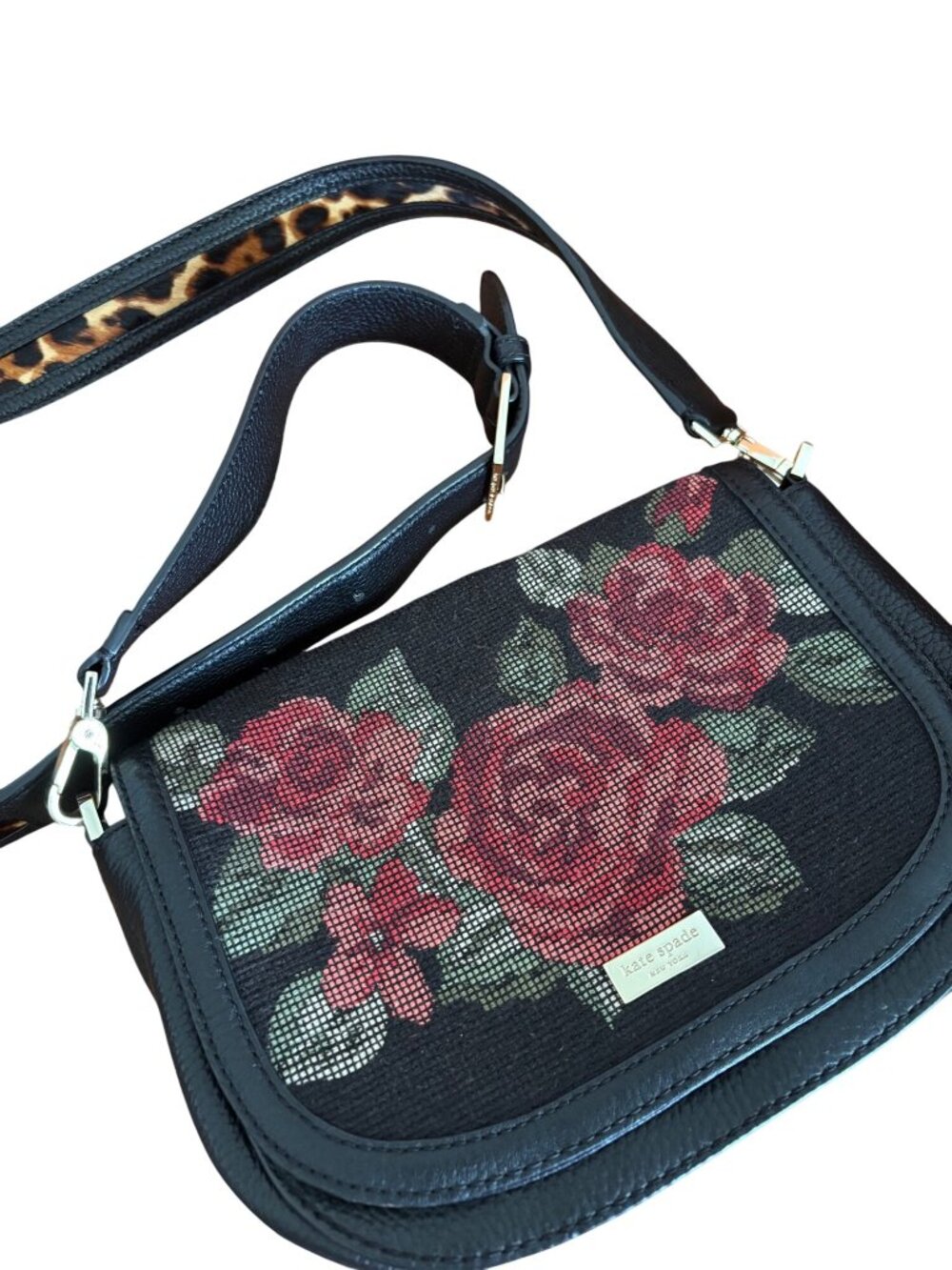 Kate Spade NY Seeley Lane Rae Crossbody Bag Rose Needlepoint & Leopard Strap - Picture 3 of 12